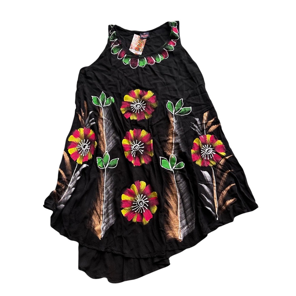 Pineapple Hand‎ Painted Floral Rayon Sleeveless Top Black PK5181 Free Size NWT